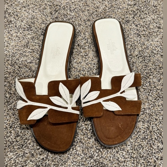 Hermes Shoes - Hermes’ Oran floral slide sandals brown white size 36 (5.5)